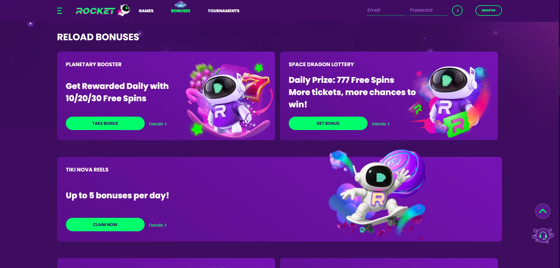 Casino Rocket promotions page — weekly bonuses and free spins offers